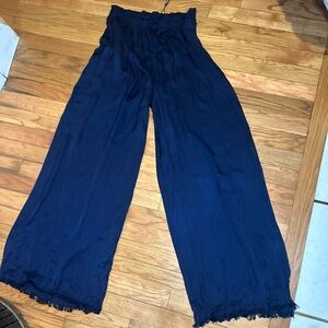 NWT Venti6 Navy Wide Leg Silk Blend Pants Med Elastic Waist Made In‎ Italy